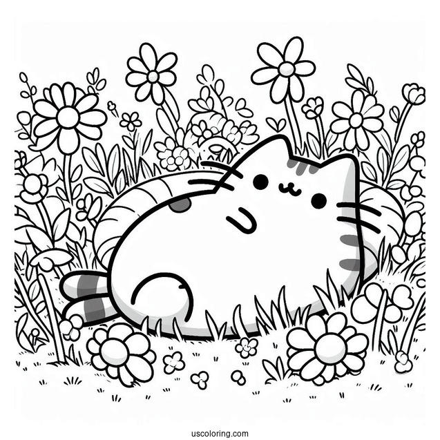 Pusheen Lying In Field With Flowers To Color