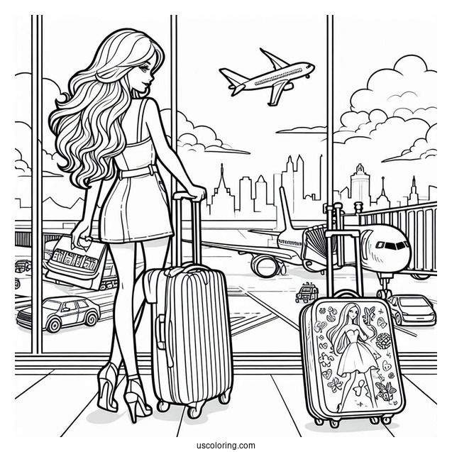Travelling Barbie At Airport To Color