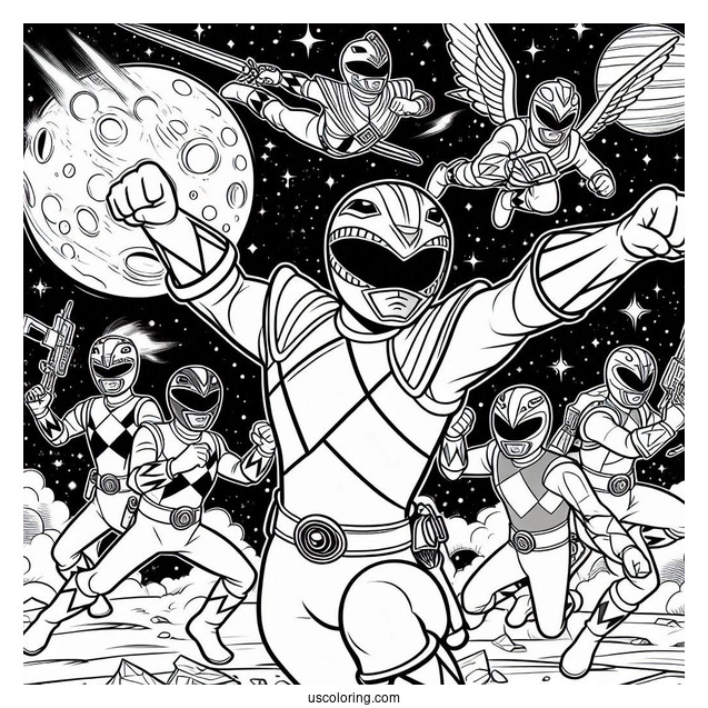 Power Rangers Fighting In Outer Space Coloring Sheet