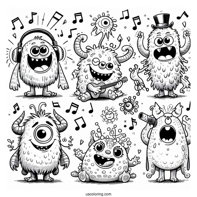 My Singing Monsters Coloring Page Of Mammott, Entbrat, Bowgart, Punkleton, Ghatz, Potbelly, And Noggin