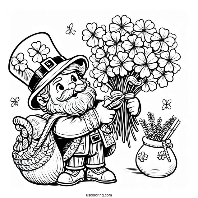 St. Patrick's Day Coloring Page Of Leprechaun Holding Up A Bunch Of Clovers