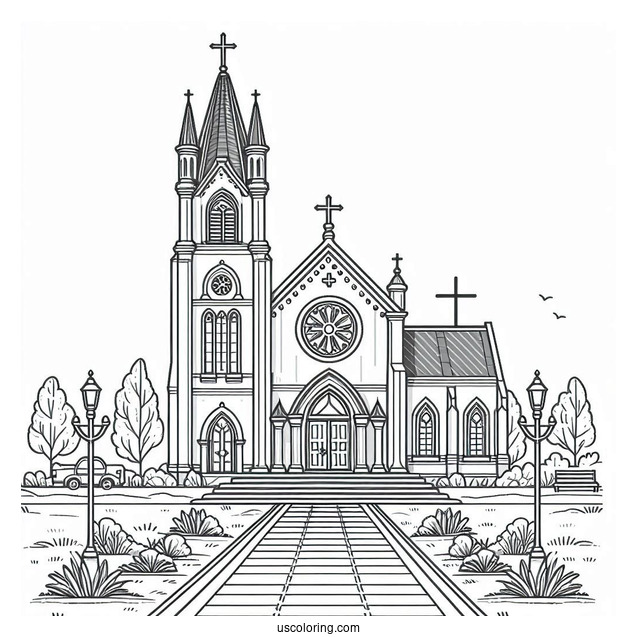 Large Catholic Church Coloring Page With A Walkway For Kids