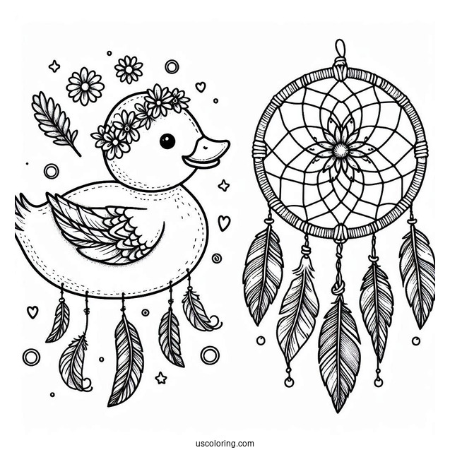 Duck Dreamcatcher with Feathers and Flowers Coloring Sheet