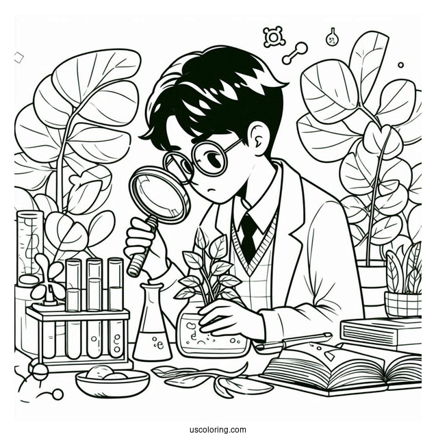 Science Coloring Page Of Scientist Studying A Plant With A Magnifying Glass