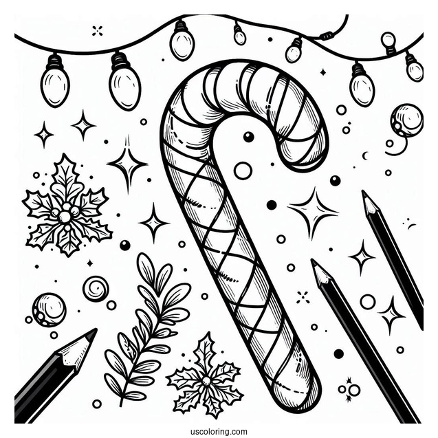 Easy Candy Cane Coloring Page Surrounded By Christmas Lights