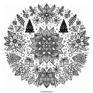 Christmas Mandala Coloring Page Of Have A Merry Little Christmas Mandala With Trees, Presents, And Poinsettias