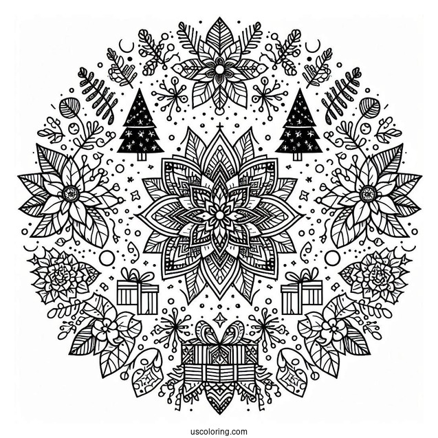 Christmas Mandala Coloring Page Of Have A Merry Little Christmas Mandala With Trees, Presents, And Poinsettias