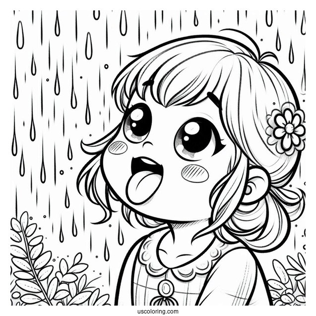 Little Girl Sticking Tongue Out To Catch Rain Coloring Page