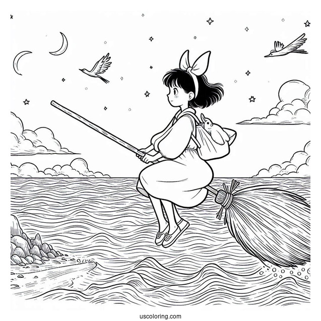 Studio Ghibli Coloring Page of Kiki s Delivery Service Riding Broom With Jiji Over Ocean