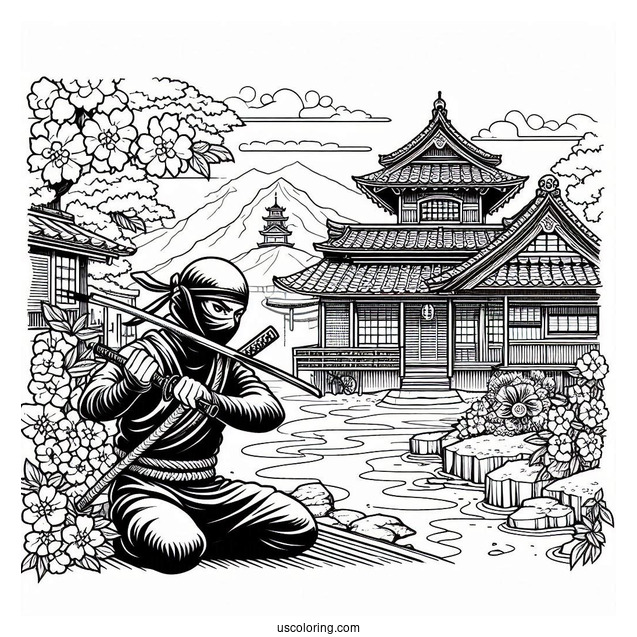 Ninja In An Old Japanese Village Coloring Sheet