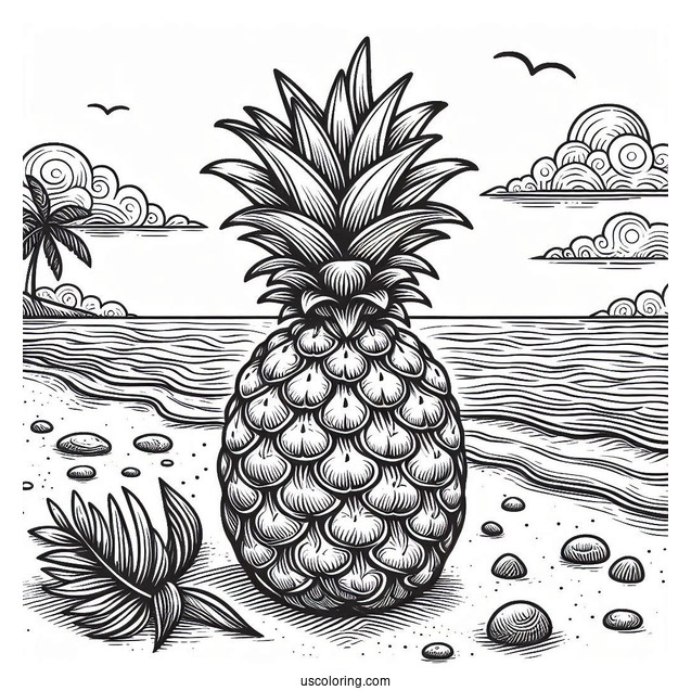 Detailed Pineapple On Beach Coloring Page
