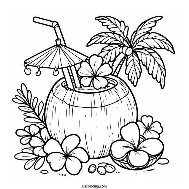 Summer Coloring Page Of Easy Coconut Drink With A Flower For Kids
