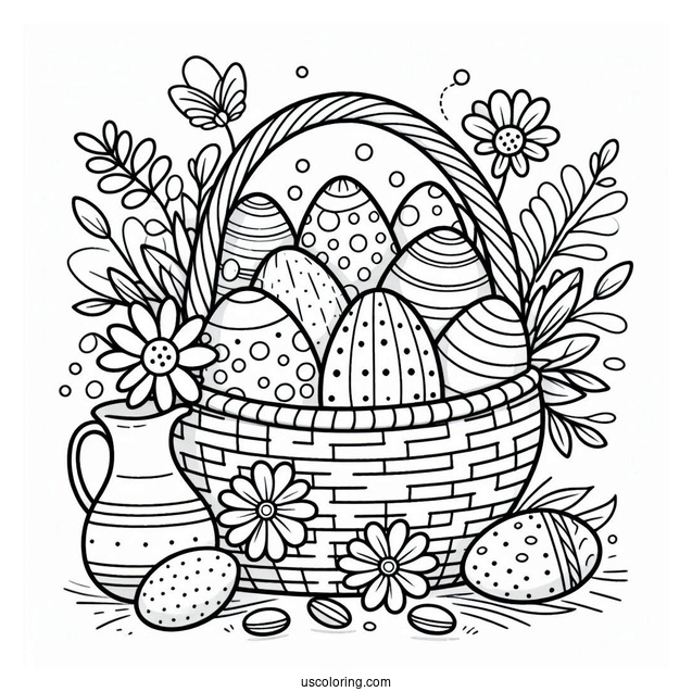 Easter Coloring Page Of Simple Easter Eggs In A Large Basket For Kids