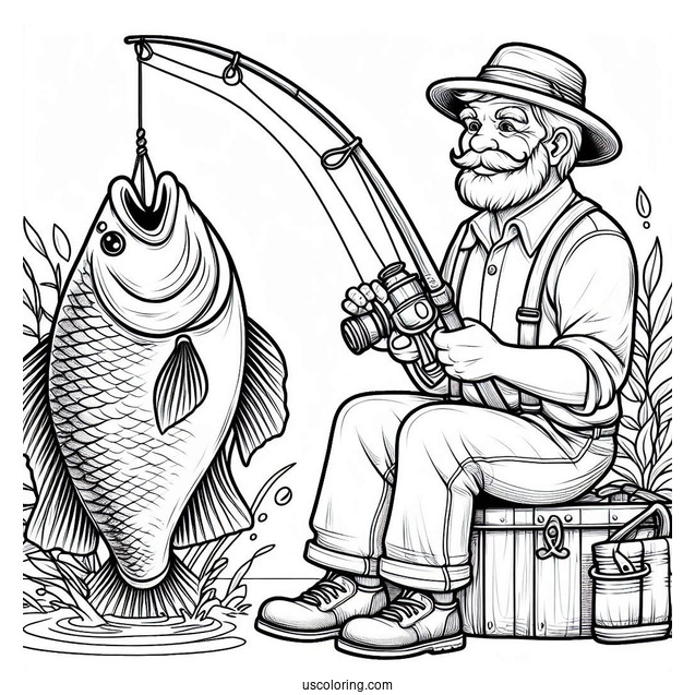 Old Man Holding Large Fish And Fishing Coloring Page Rod For Kids