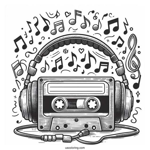 Music Coloring Page Of Retro Cassette Tape With Headphones