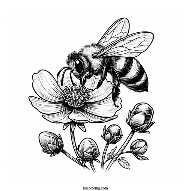Realistic Bee Coloring Page Sucking Flower Nectar