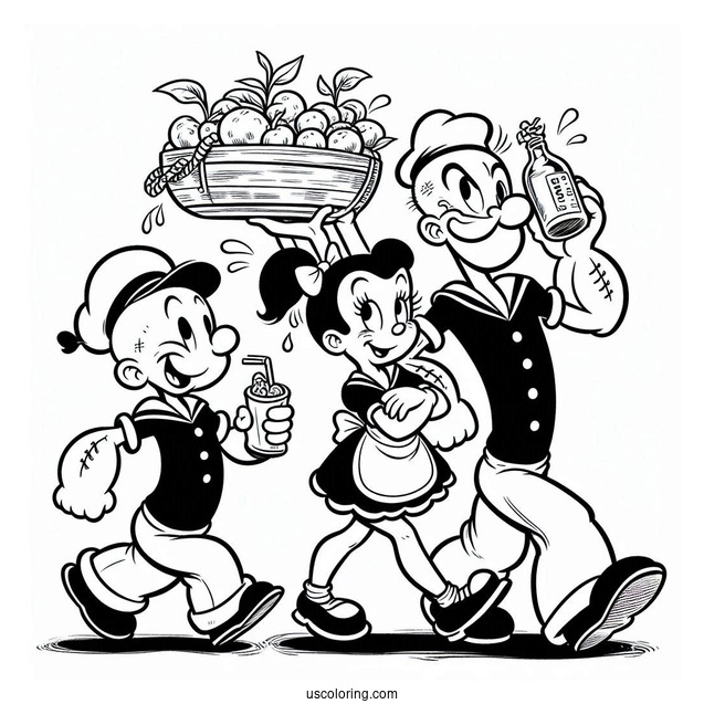 Popeye Coloring Page Carrying Swee Pea, Eugene, And Olive Oyl