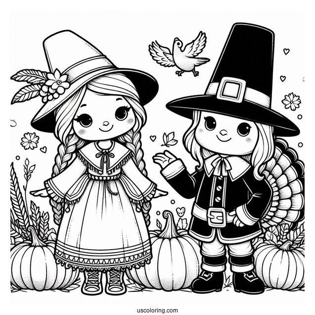 Man And Woman Pilgrim Coloring Page With Turkey And Pumpkin