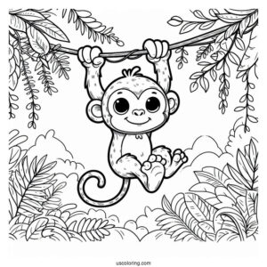 Jungle Coloring Page Of Easy Monkey Hanging From Vine For Kids
