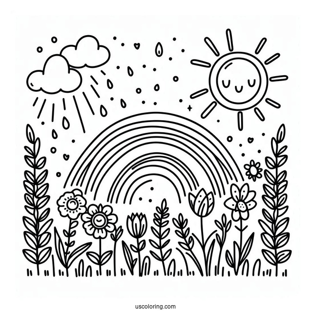 Spring Coloring Page Sun, Rainbow And Flower Field For Preschoolers