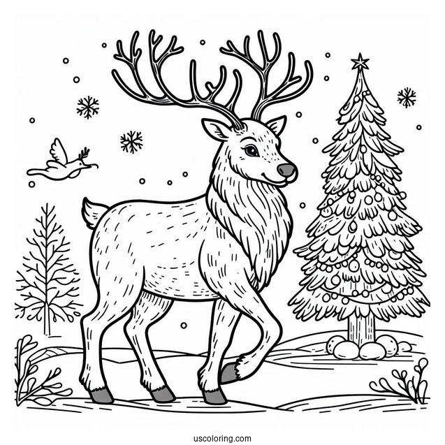 Coloring Page Of a Large Male Reindeer During Winter