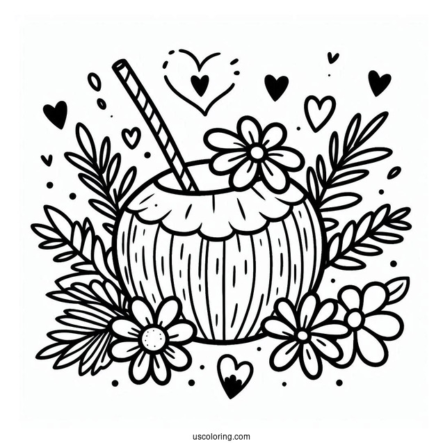 Adorable Coconut Coloring Page Drink With Flowers And Hearts For Kids