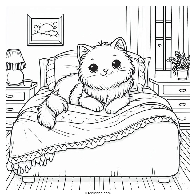 Cat Lying On Bed Coloring Sheet