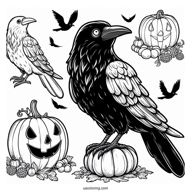 Cartoon Raven Coloring Page Standing On Pumpkin For Kids