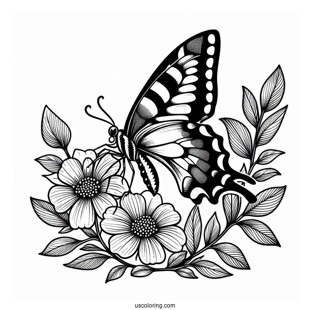 Swallowtail Butterfly Coloring Page Perched On Flowers And Leaves