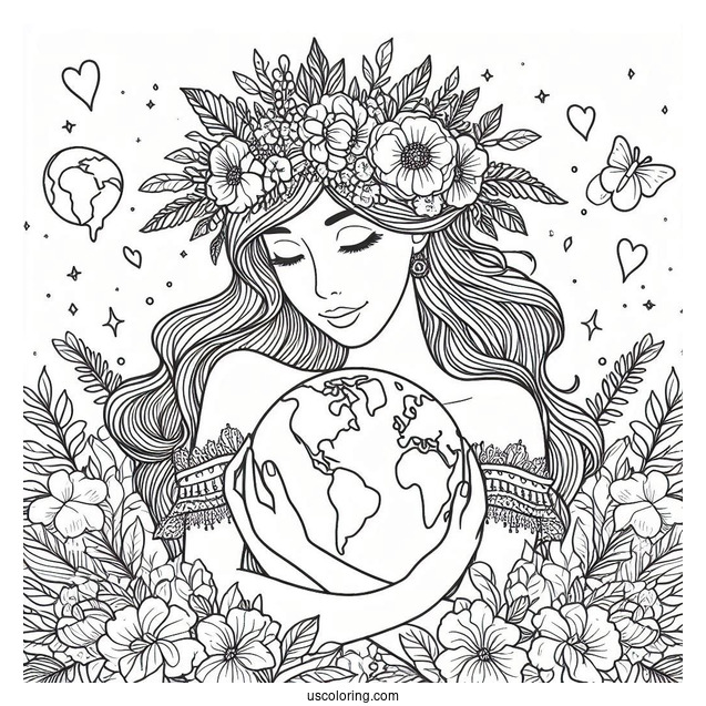 Woman With Flower Crown Hugging Earth Coloring Sheet