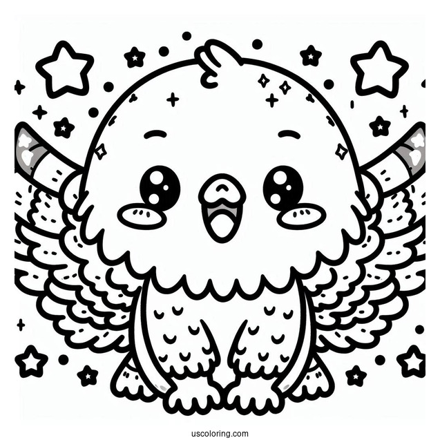 Cute Kawaii Bald Eagle With Stars Coloring In
