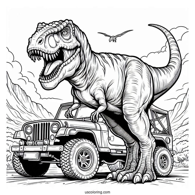 Jurassic Park T-Rex Standing On Jeep