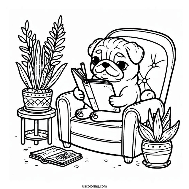 Pug Coloring Page Reading a Book in Armchair