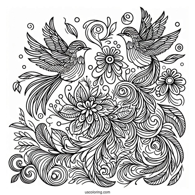 Majestic Nature With Birds Pattern Coloring Page