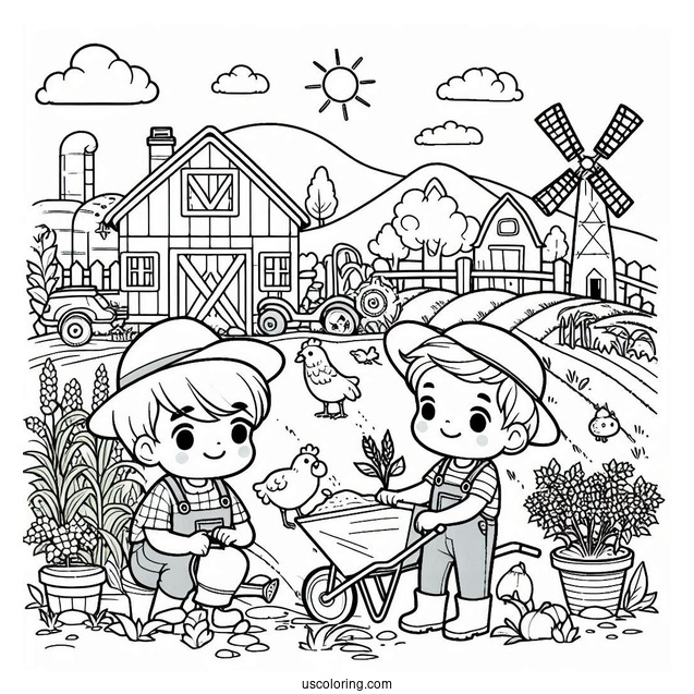 Two Children Working On Farm To Color