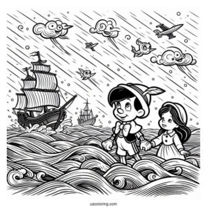 Pinocchio Coloring Page With Jiminiy, Figaro, And Cleo In Stormy Seas