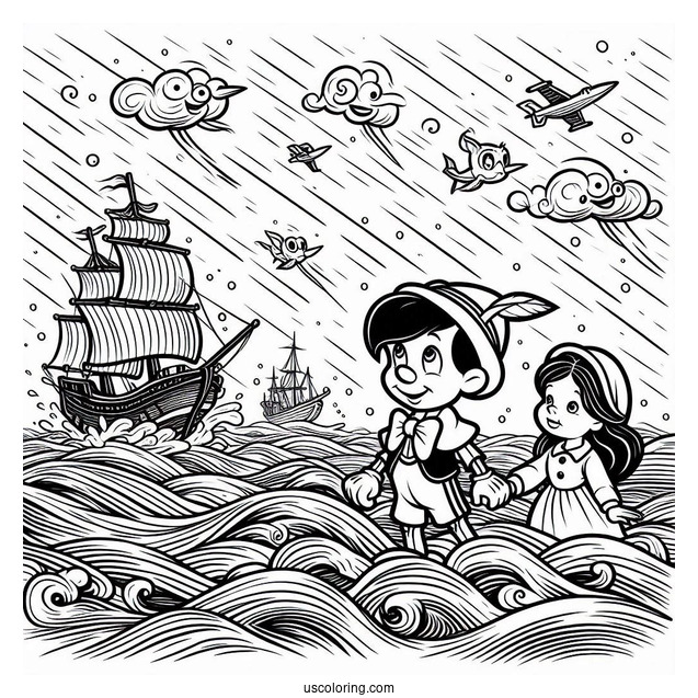 Pinocchio Coloring Page With Jiminiy, Figaro, And Cleo In Stormy Seas