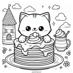 Cartoon Cat Pancake Coloring Page Tower On A Plate