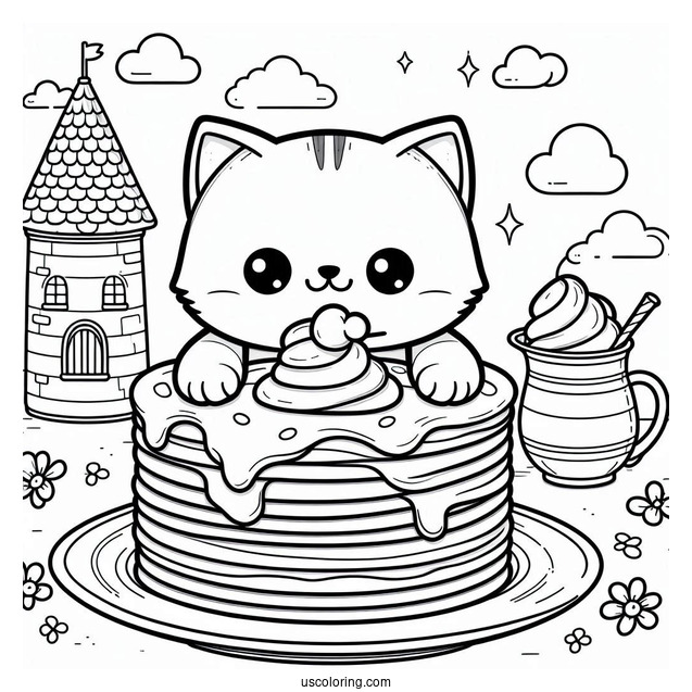 Cartoon Cat Pancake Coloring Page Tower On A Plate