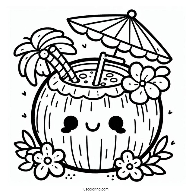 Cute Smiling Coconut Coloring Page Drink With Flower And Mini Umbrella For Kids
