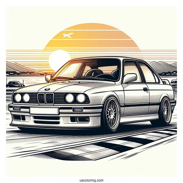 Detailed 3 Series (E30) BMW Coloring Page On Race Track At Sunset