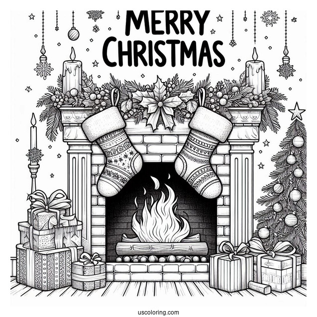 Christmas Coloring Pages For Adults Of Merry Christmas Words On Top Of Fireplace With Stockings