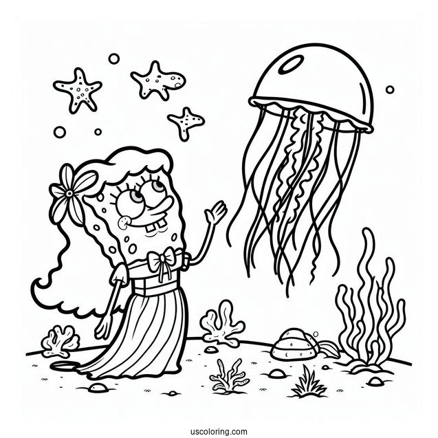 Patrik Catching Jellyfish Coloring Page For Kids