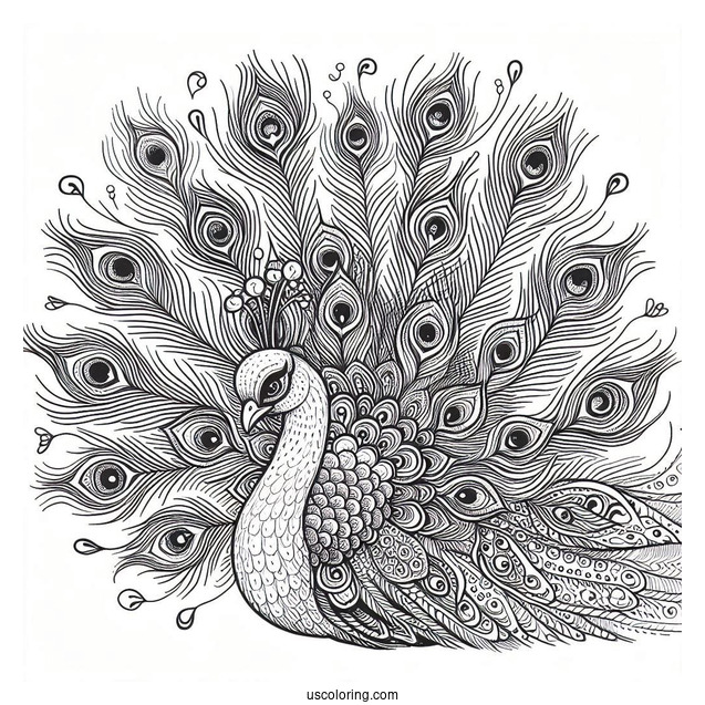 Full Page Peacock Coloring Page Close Up With Large Ornate Tail Feathers
