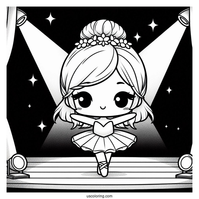 Chibi Coloring Page Ballerina Dancing on Stage Under a Spotlight For Kids