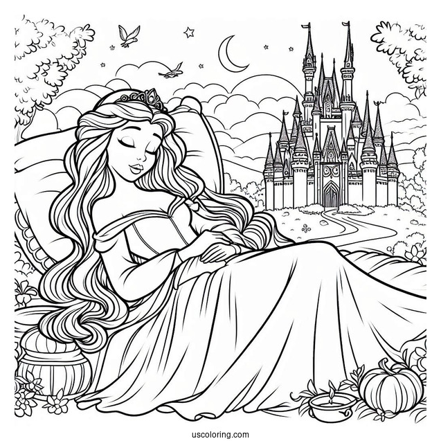 Coloring Page Of Sleeping Beauty With Castle In Background