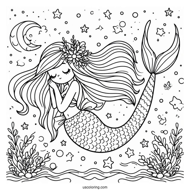 Cute Coloring Page Mermaid Swimming In The Night Sky