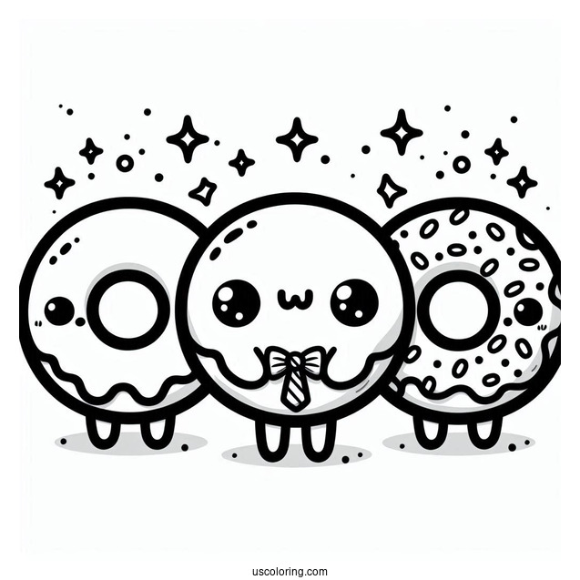 Three Kawaii Mini Donut Coloring Page For Kids