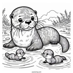 Mama And Papa Otter Coloring Page With Babies Floating On River