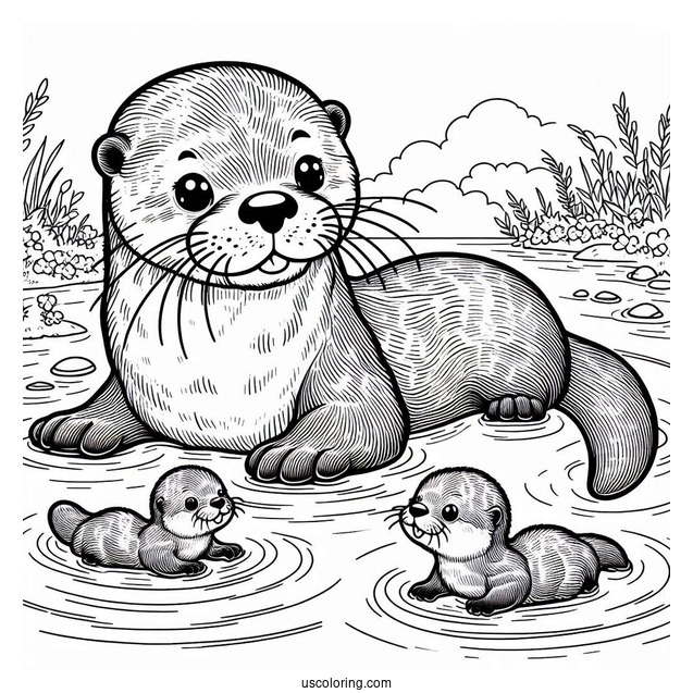 Mama And Papa Otter Coloring Page With Babies Floating On River